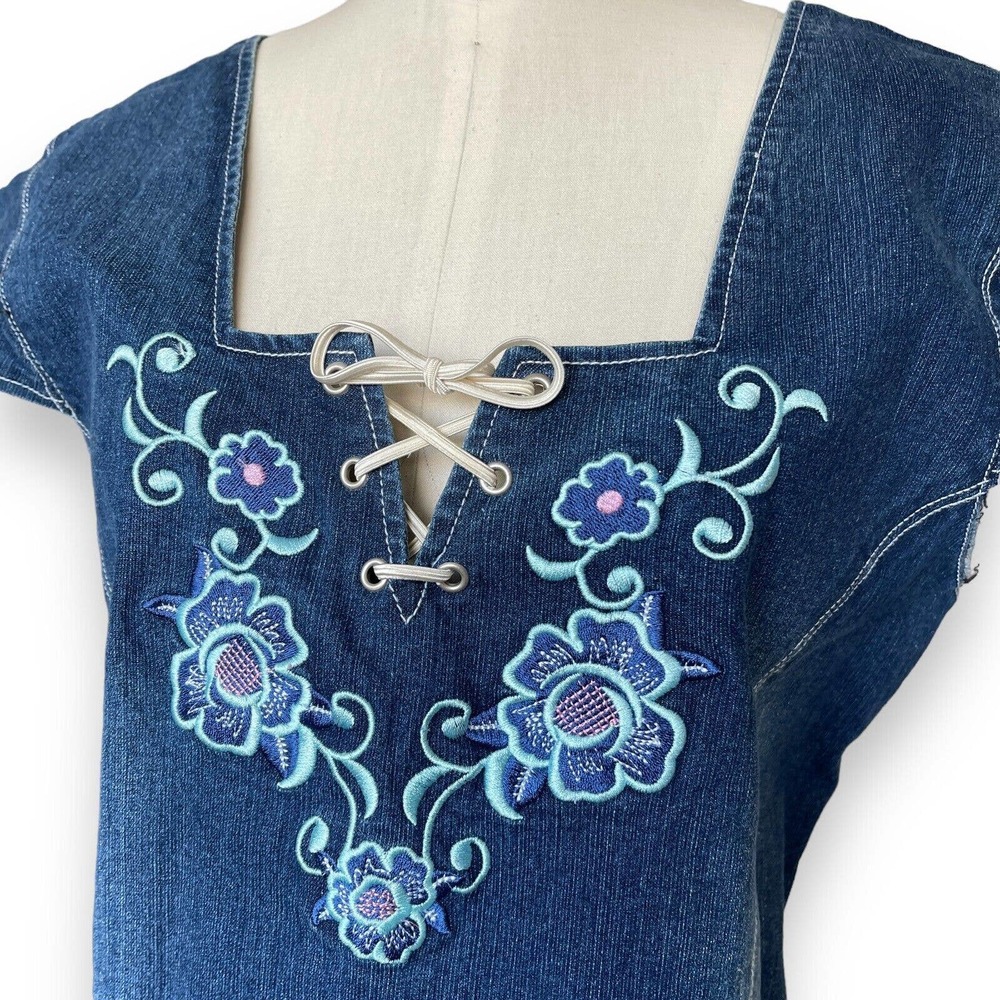Vintage Y2K Denim Embroidered Flower Corset Tie Front Cap Sleeve Top Size Medium - Picture 2 of 3